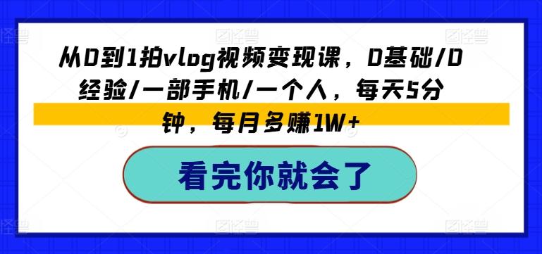 从0到1拍vlog视频变现课，0基础/0经验/一部手机/一个人，每天5分钟，每月多赚1W+-AI网创
