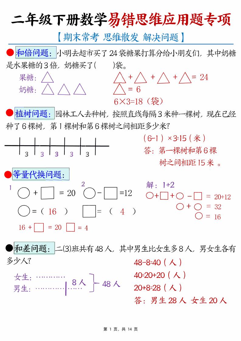 （期末常考30道母题）二年级下册数学易错思维应用题专项（练习题+答案）-自学网资源