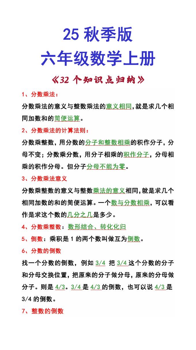 【2025秋新版】六年级数学上册《32个知识点归纳》-自学网资源