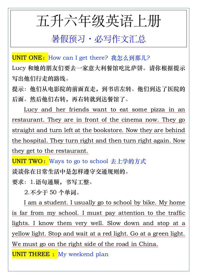 五升六年级英语上册暑假预习·必写作文汇总-六上英语-AI网创