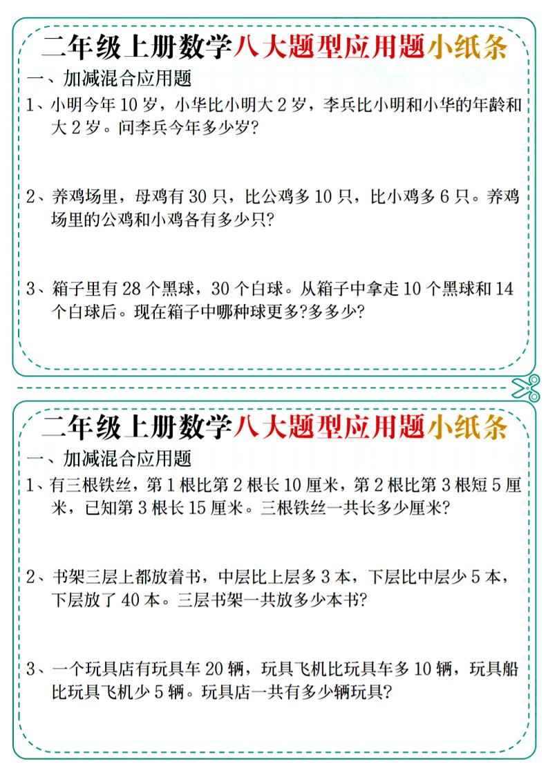 二年级上数学八大题型应用题小纸条-自学网资源