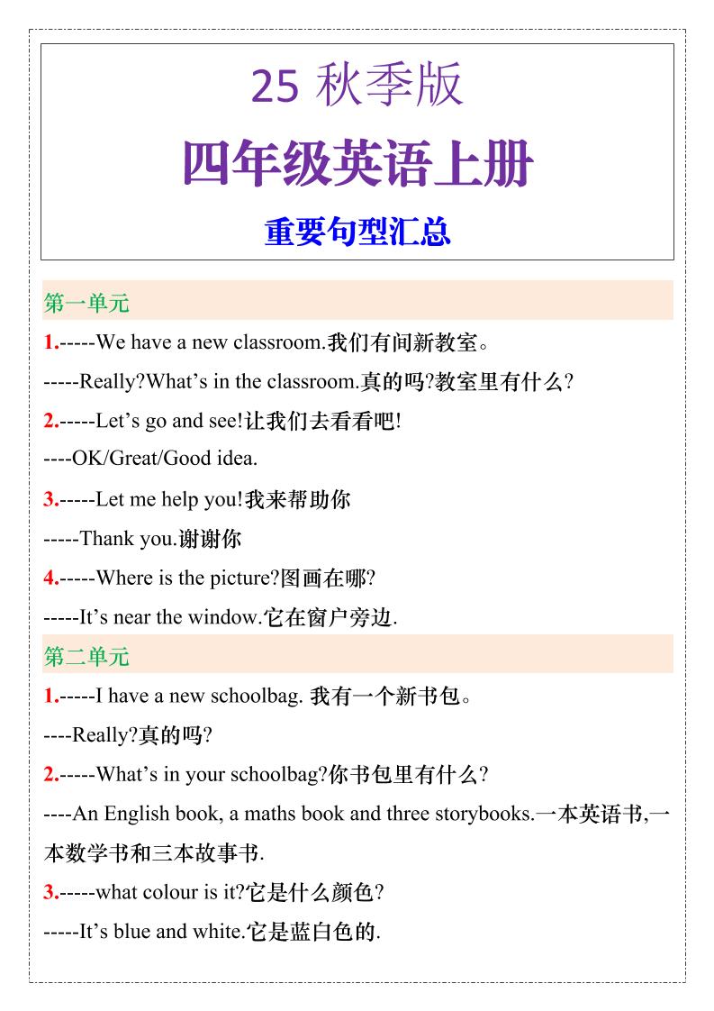 【2025秋新版】四年级英语上册重要句型汇总-自学网资源