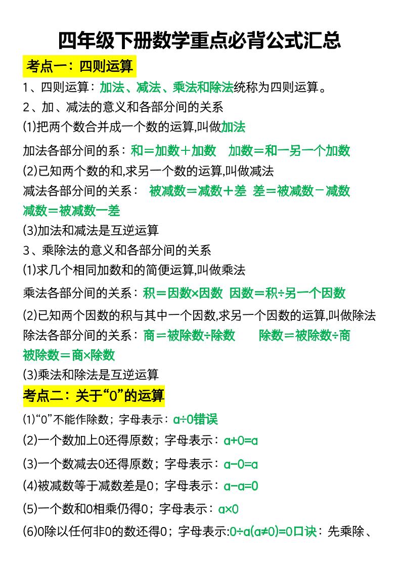四年级下册数学重点必背公式汇总-自学网资源