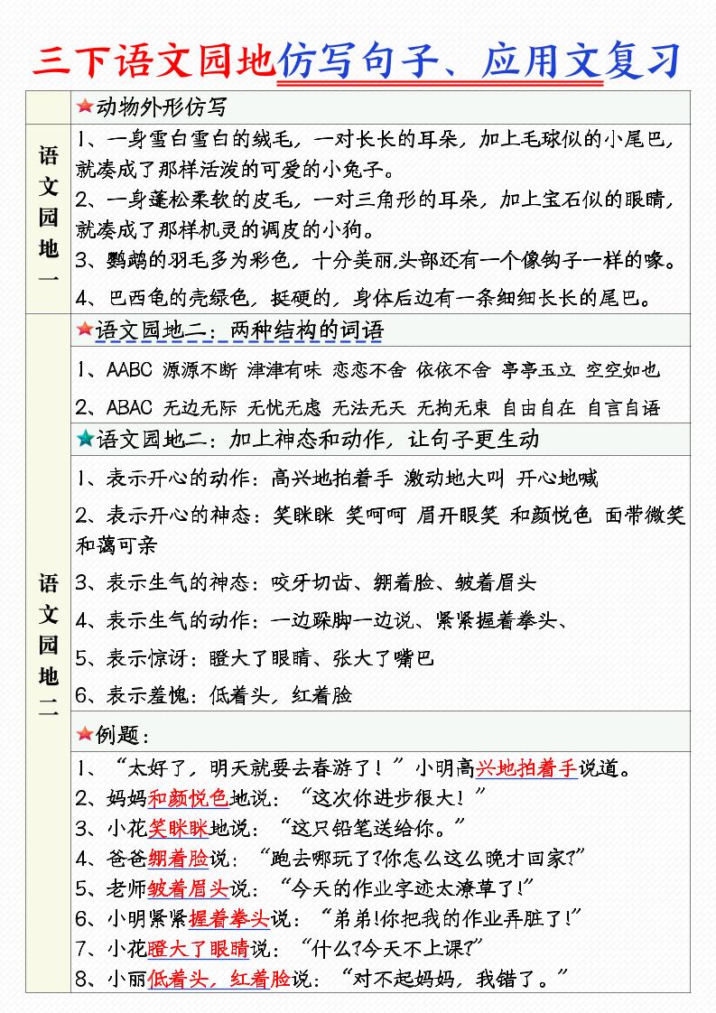 三年级下语文1-8单元语文园地句子仿写+应用文专练-自学网资源