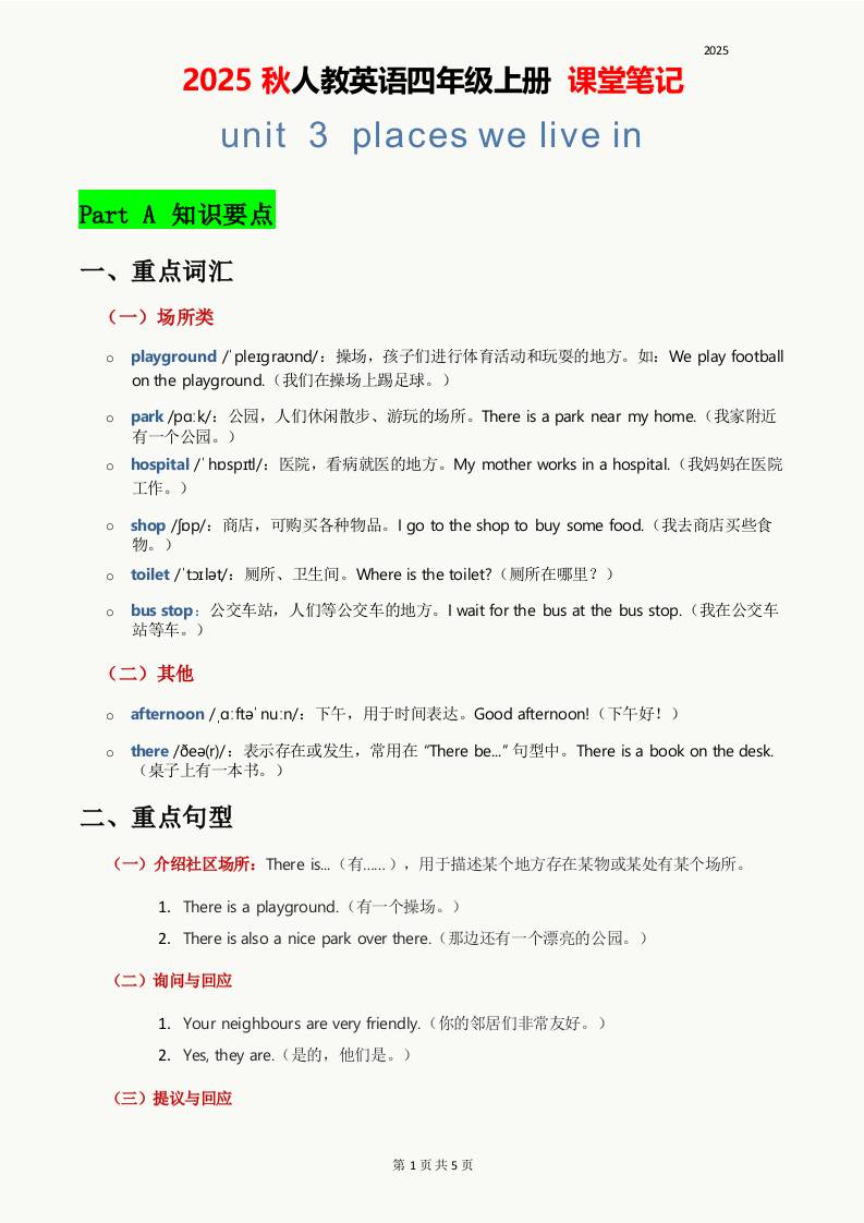 2025秋人教英语四上课堂笔记Unit03-自学网资源