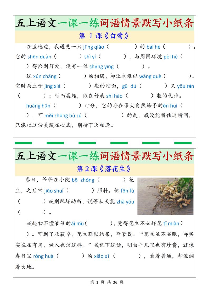 五上语文一课一练词语情景默写小纸条（含答案26页）-自学网资源