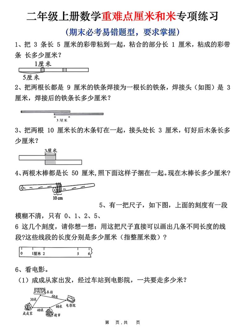 二上数学重难点厘米和米应用题易错专项练习（含答案10页）-自学网资源
