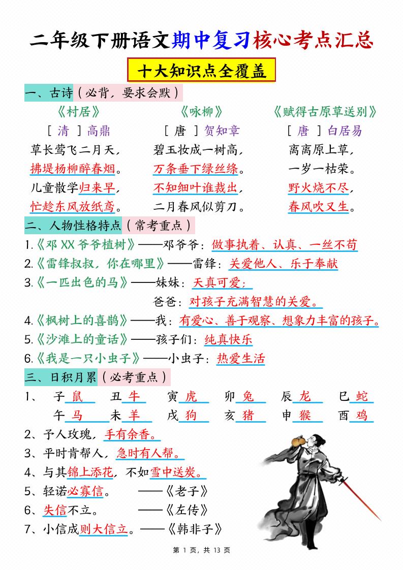 二下语文期中复习核心考点汇总（10大知识点）13页-自学网资源