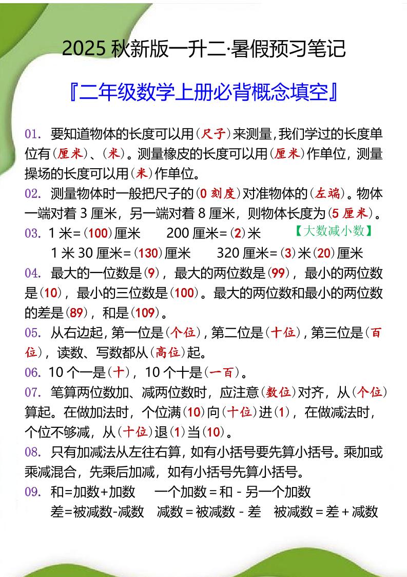【2025秋新版】二年级数学上册必背概念填空-自学网资源