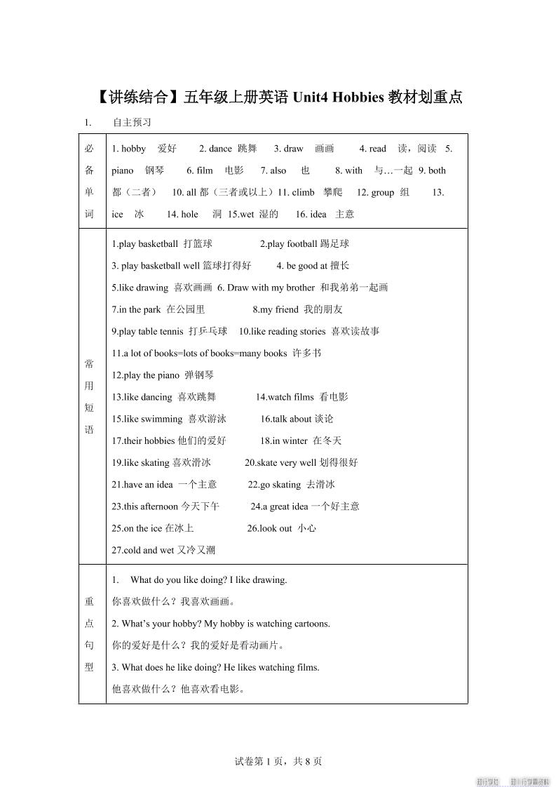 【单元热点难点】译林版（三起）英语五年级上册Unit4Hobbies教材划重点-自学网资源