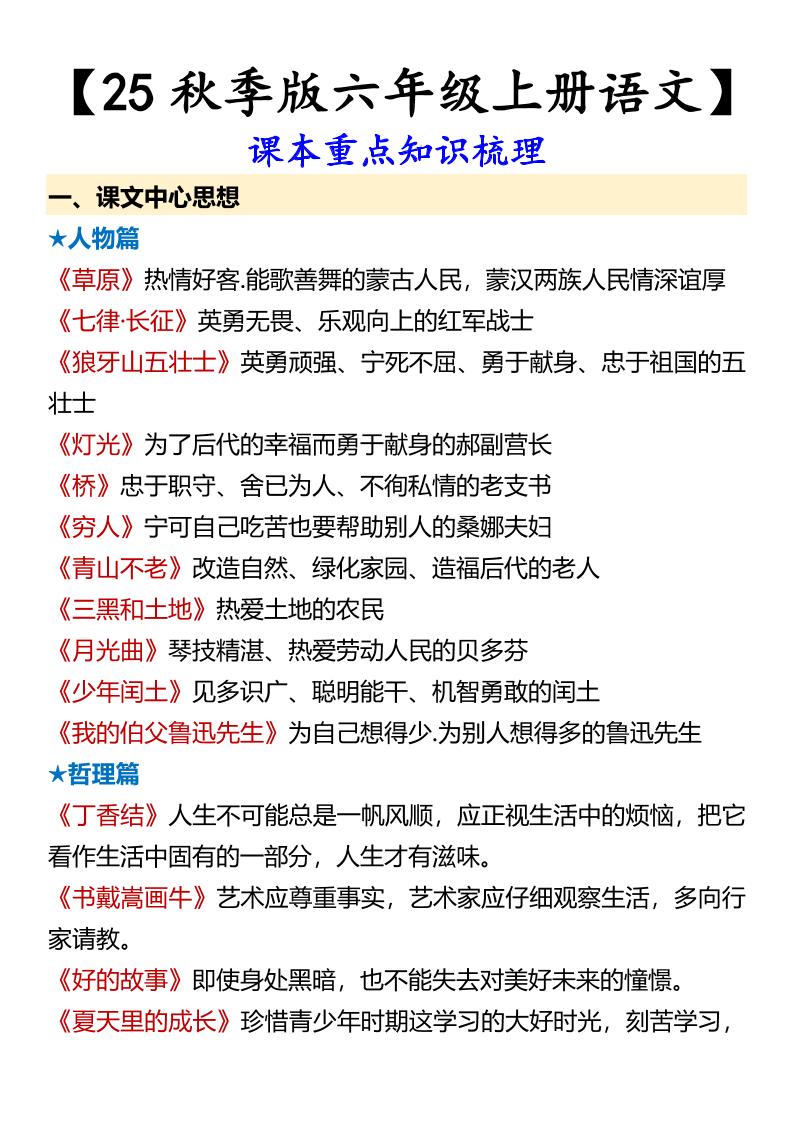 【2025秋新版】【六年级上册语文】课本重点知识梳理-自学网资源