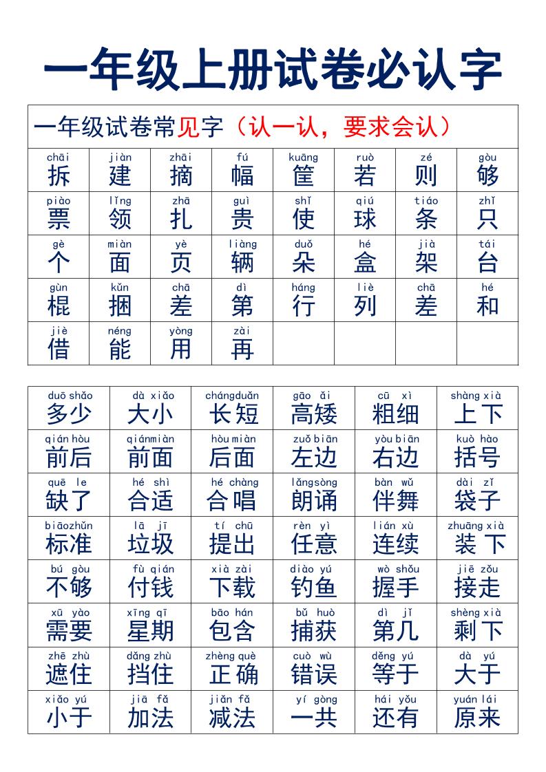 一年级上语文试卷必认字-自学网资源
