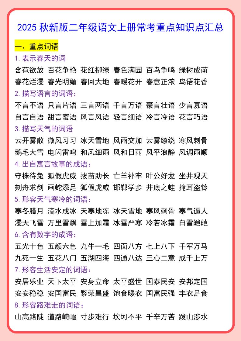 【2025秋新版】二年级语文上册常考重点知识点汇总-自学网资源