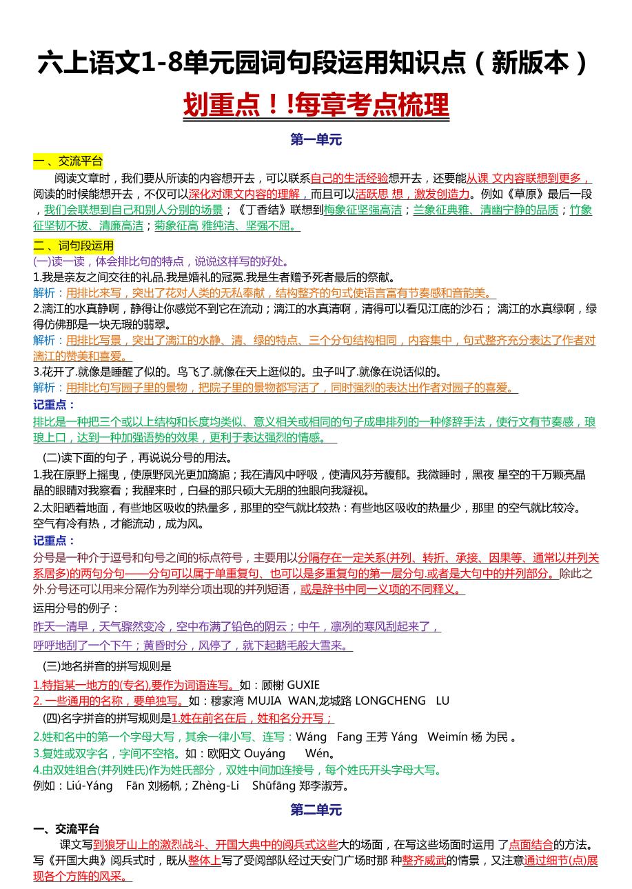 六上语文1-8单元园词句段运用知识点（新版本）docx-自学网资源