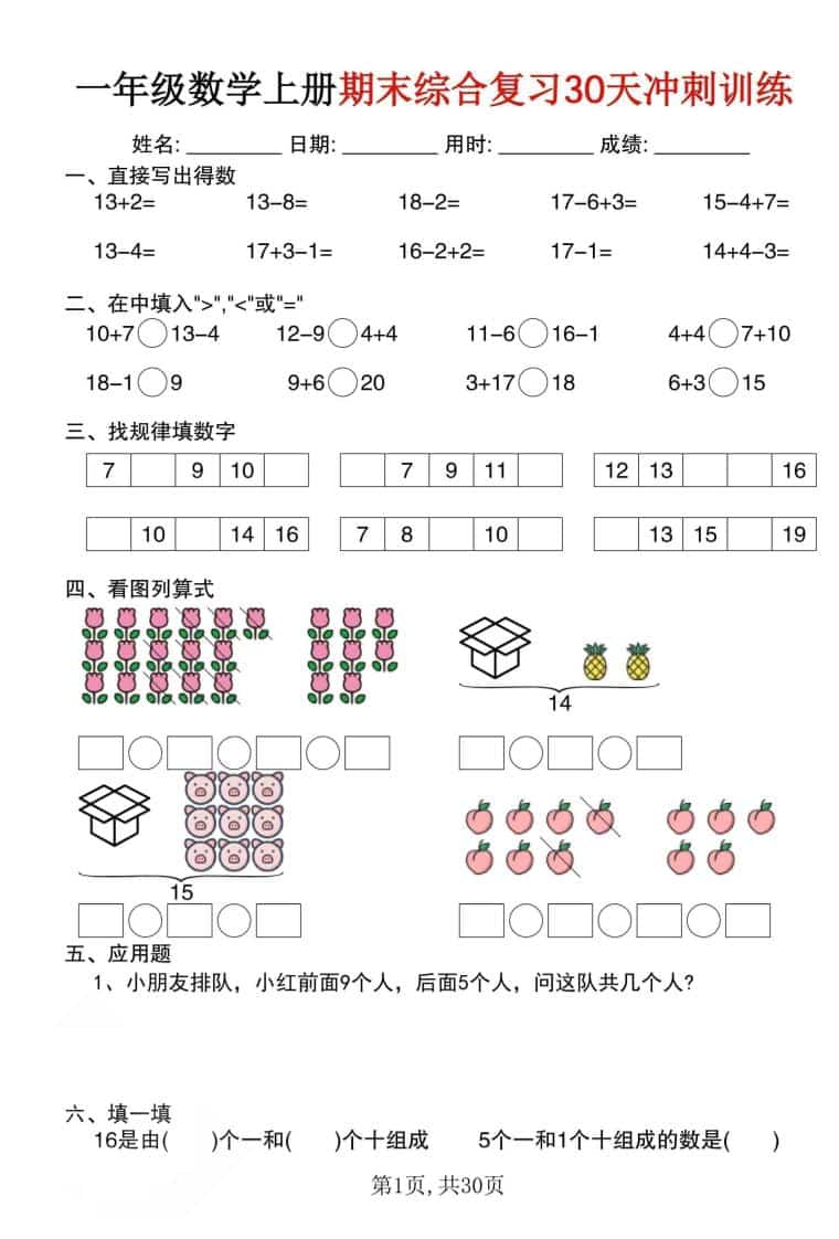 一年级上数学期末综合复习30天冲刺训练（30页）-自学网资源