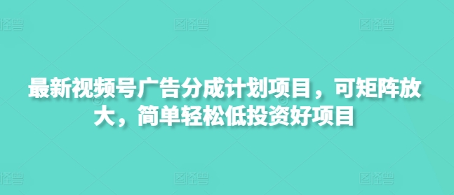 最新视频号广告分成计划项目，可矩阵放大，简单轻松低投资好项目-AI网创