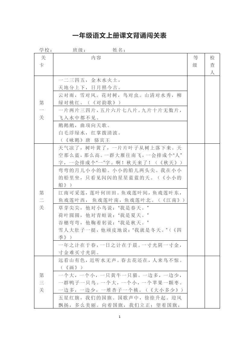 一年级上册语文背诵课文内容及闯关表-自学网资源