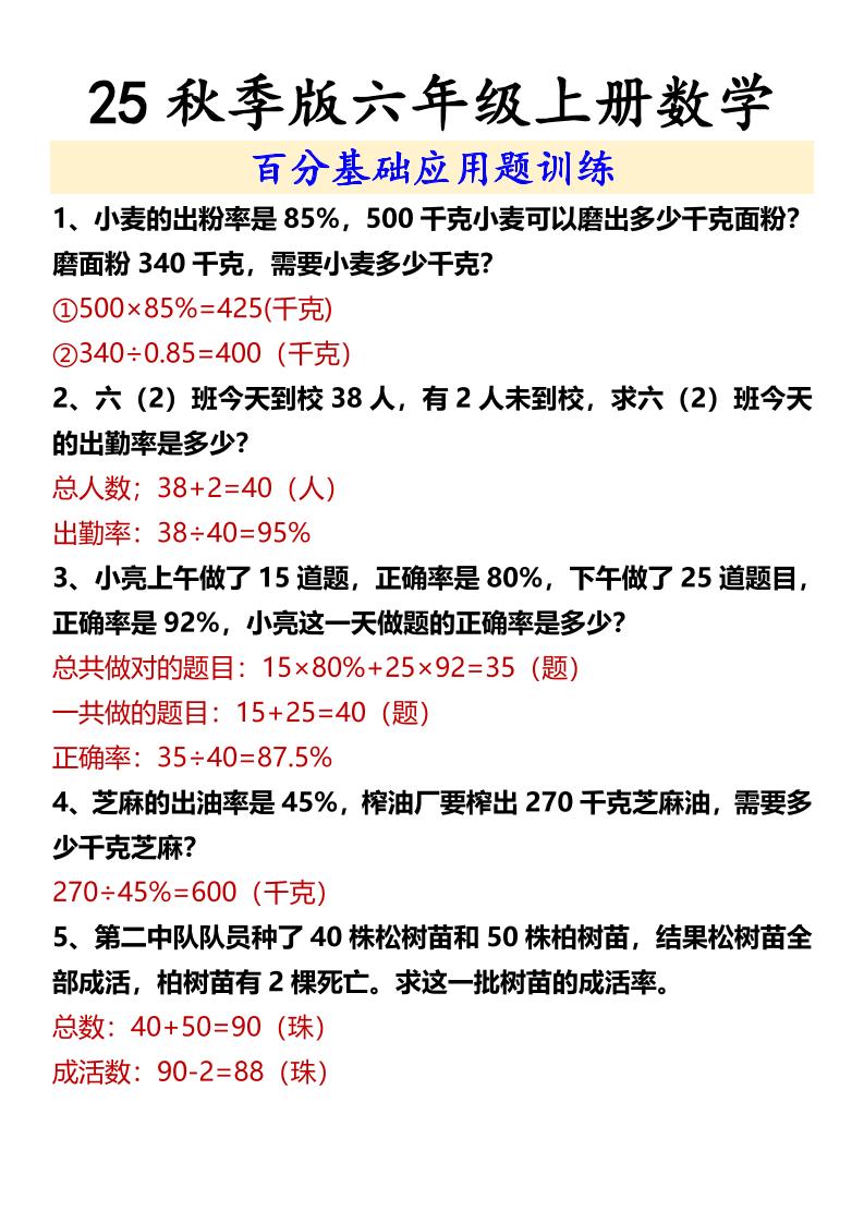 【2025秋新版】六年级上册数学百分基础应用题训练-自学网资源