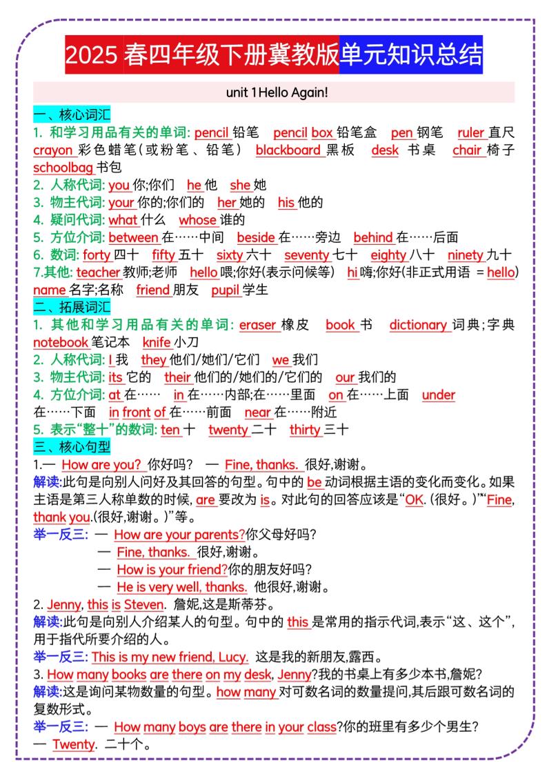 四下英语冀单元知识总结-自学网资源