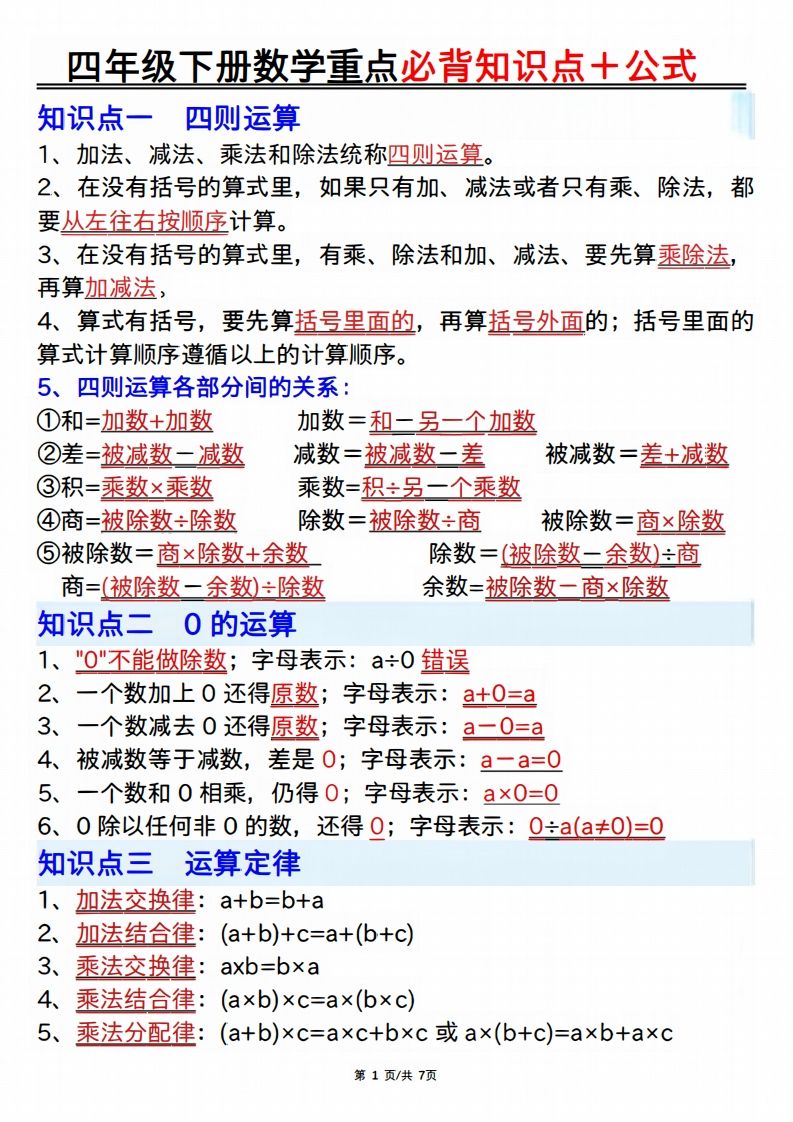 25年四年级下册数学重点必背知识点十公式-自学网资源