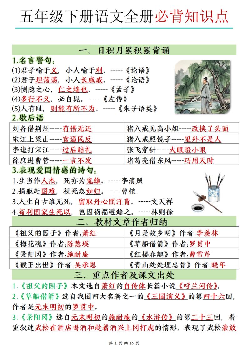 五下语文全册必背知识点-自学网资源