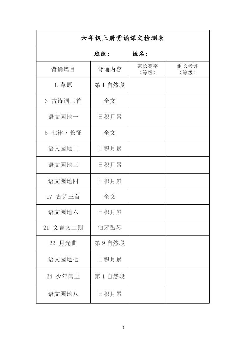 六年级上册背诵课文检测表及内容-语文-自学网资源