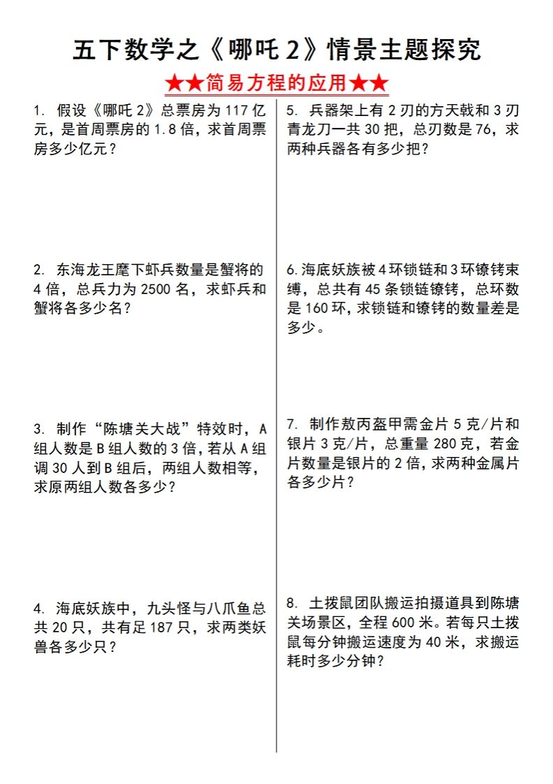 【苏教版】五下数学之《哪吒2》情景主题探究(简易方程的应用)（空白版）-自学网资源