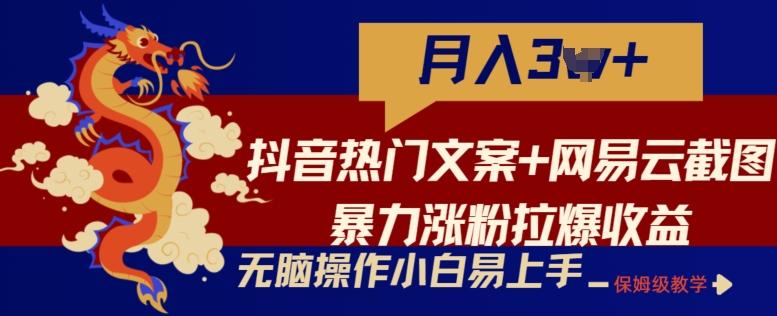 抖音热门文案+网易云截图暴力涨粉拉爆收益玩法，小白无脑操作，简单易上手【揭秘】-AI网创
