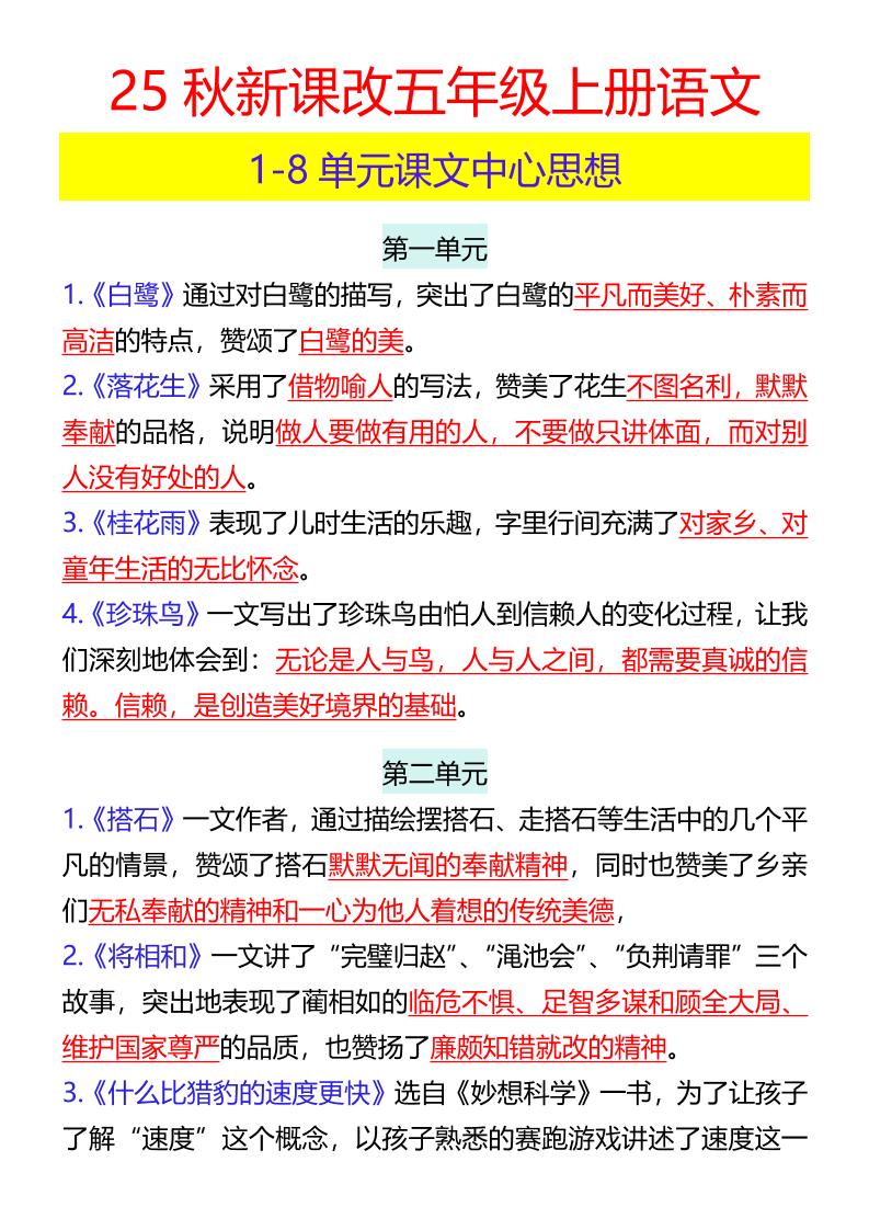 【2025秋新版】五年级上册语文1-8单元课文中心思想-自学网资源
