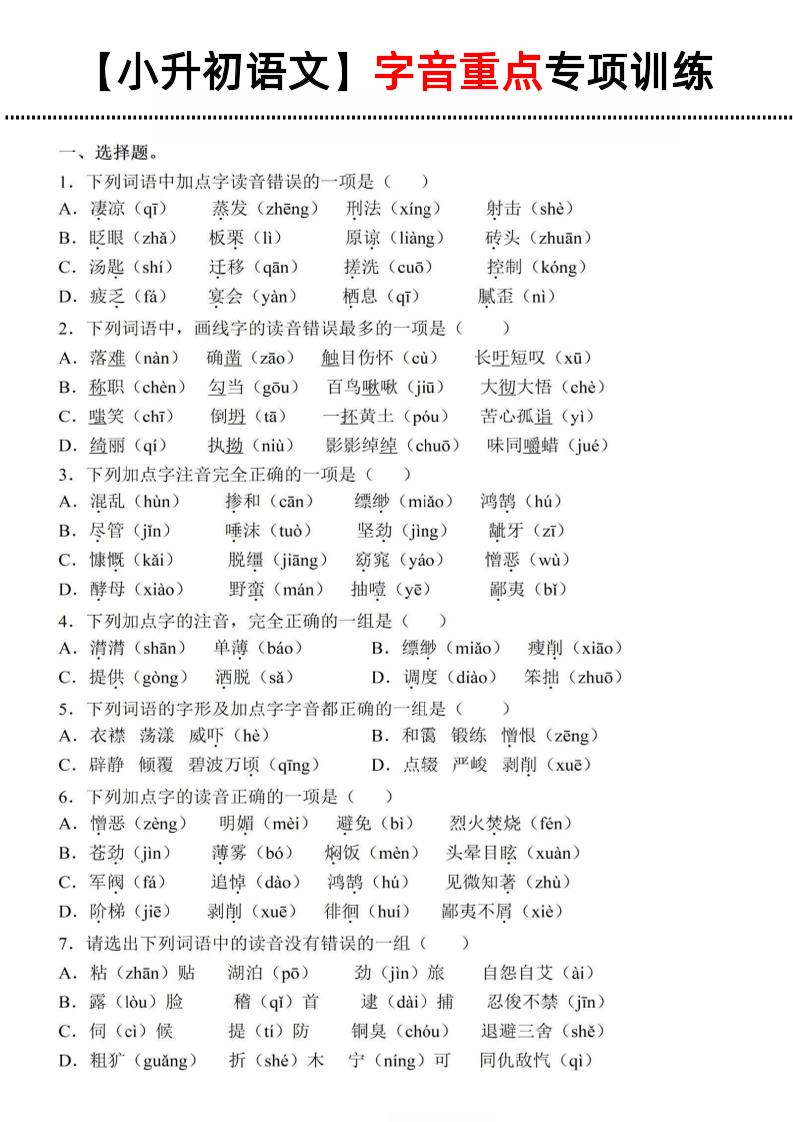 《小升初语文字音重点专项训练》-自学网资源