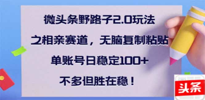 微头条野路子2.0玩法之相亲赛道，无脑搬砖复制粘贴，单账号日稳定300+…-AI网创