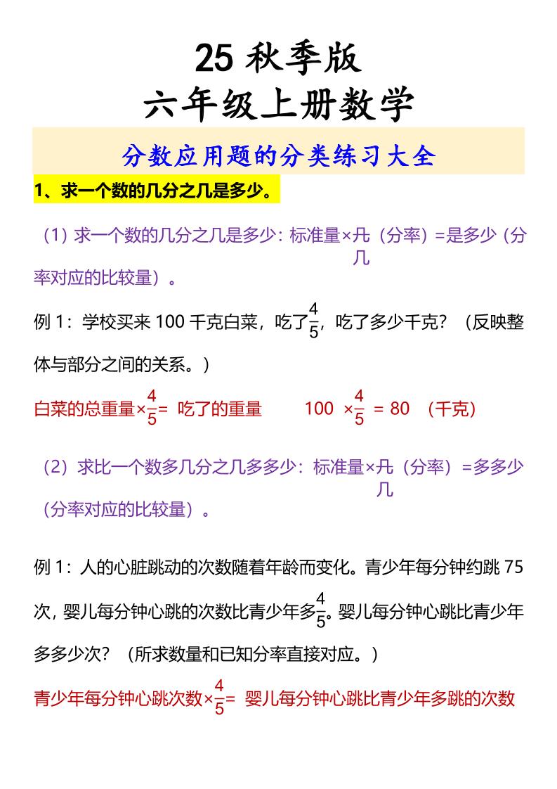 【2025秋新版】六年级上册数学分数应用题的分类练习大全-自学网资源
