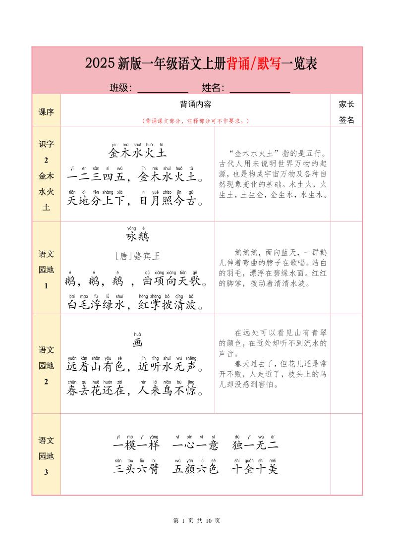 一上语文【25秋-必背内容+默写表】-自学网资源