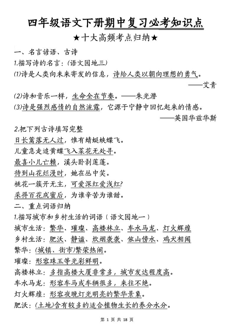 四年级下语文期中复习-十大高频考点归纳-自学网资源