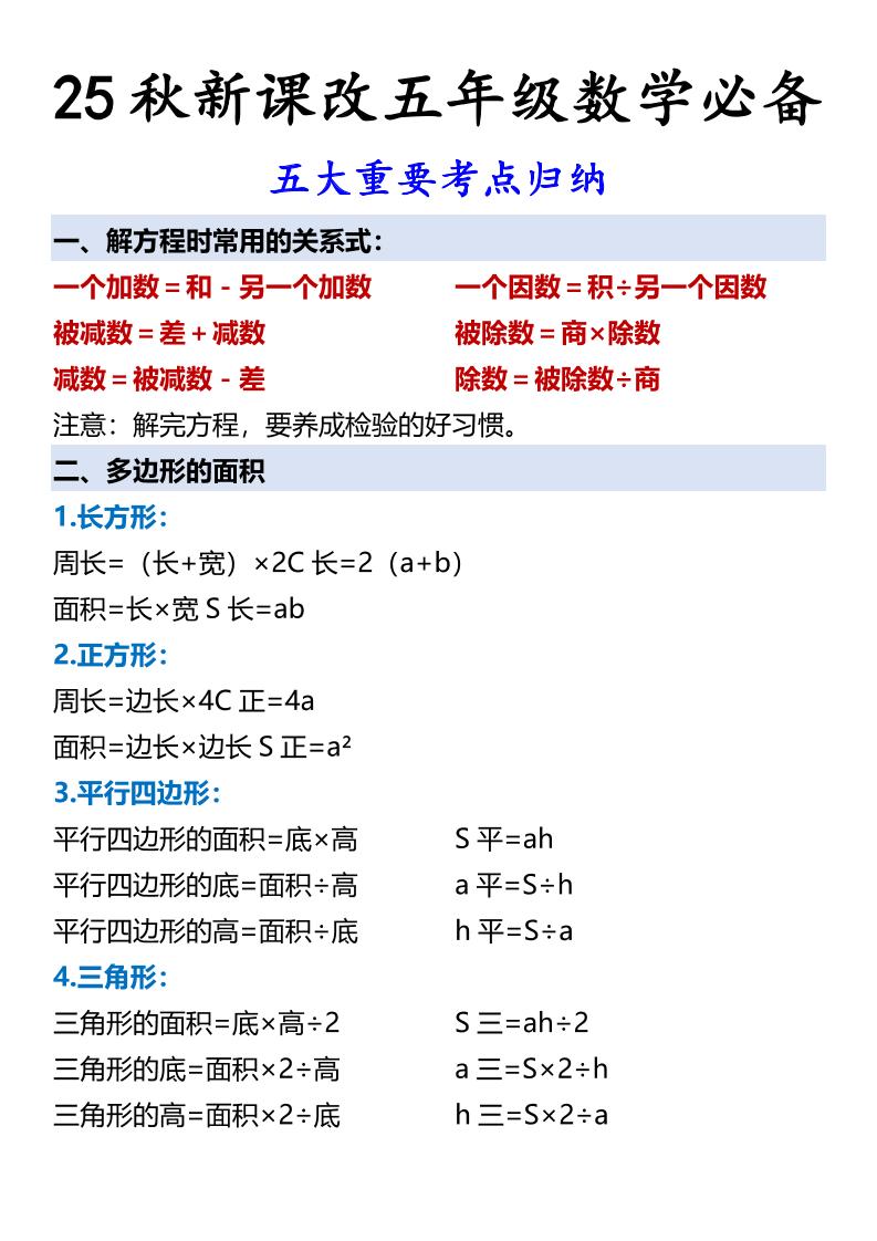 【2025秋新版】五年级数学必备五大重要考点归纳-五上数学-自学网资源