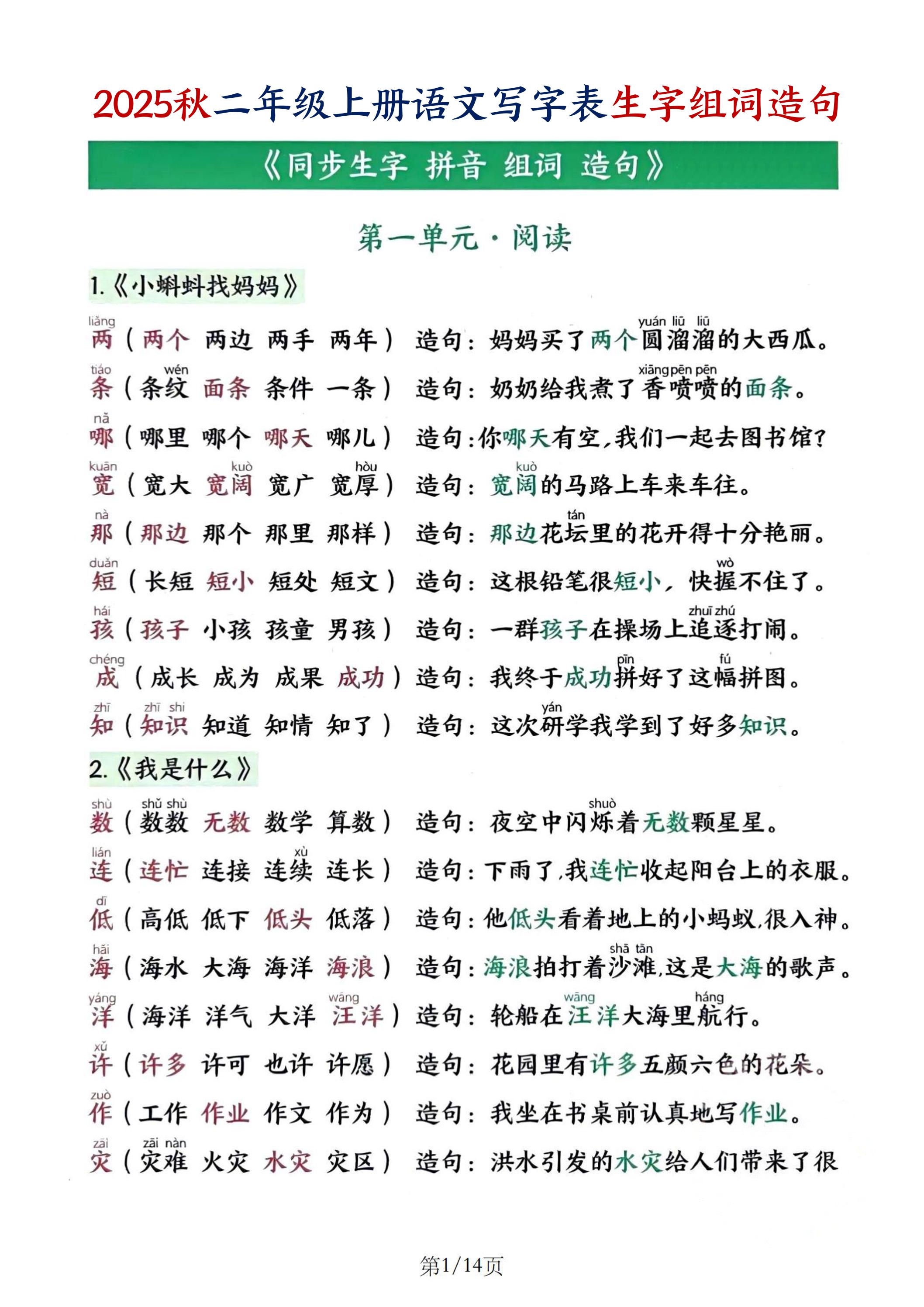 25秋二上语文写字表生字组词造句（14页）-自学网资源