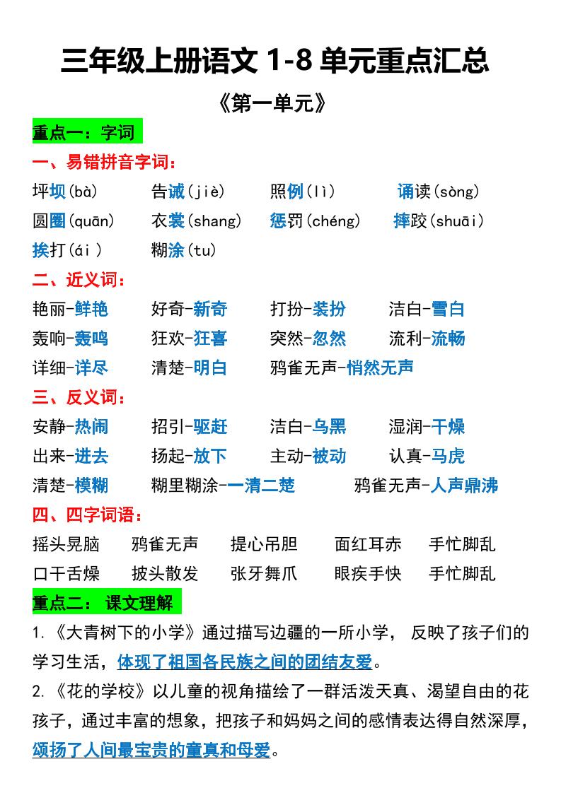 三年级上册语文1-8单元重点汇总-自学网资源