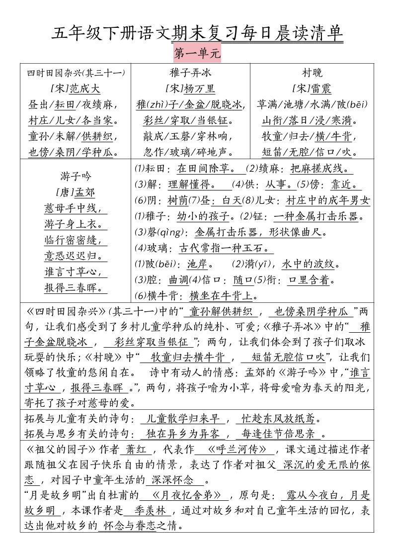 五下语文期末复习每日晨读清单-自学网资源
