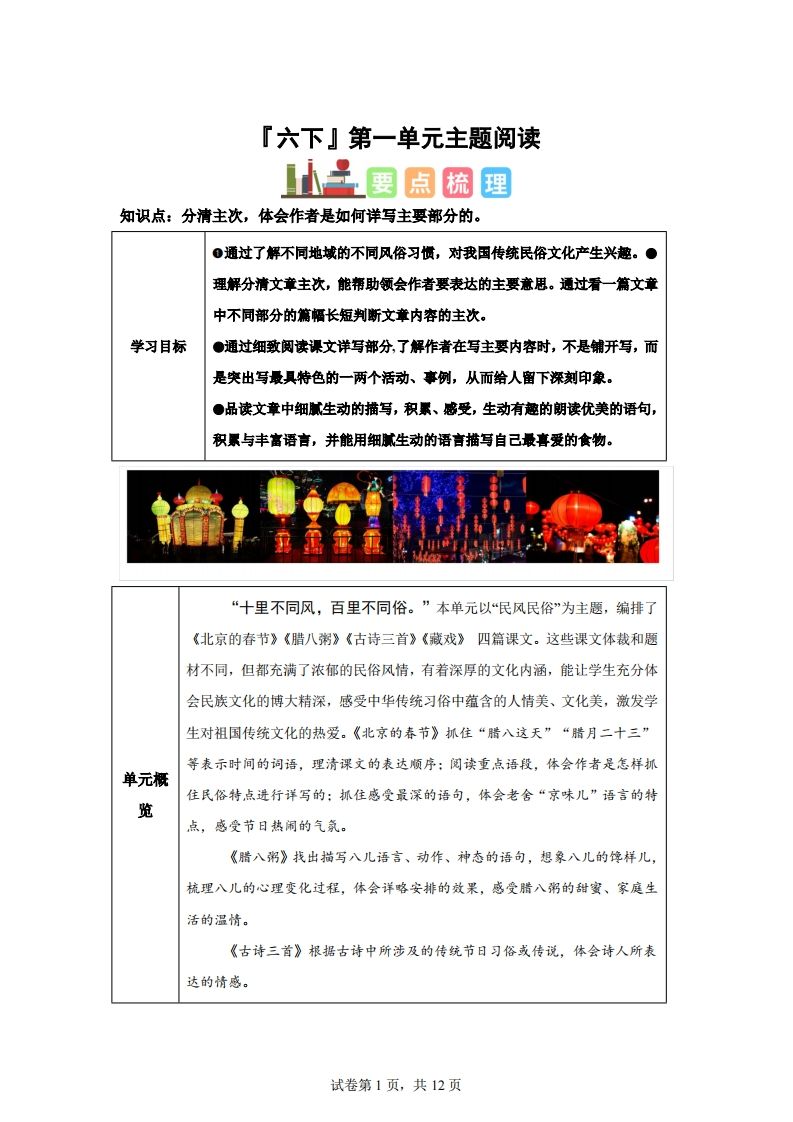 【主题阅读】统编版语文六年级下册第一单元“民风民俗”（主题阅读）-自学网资源
