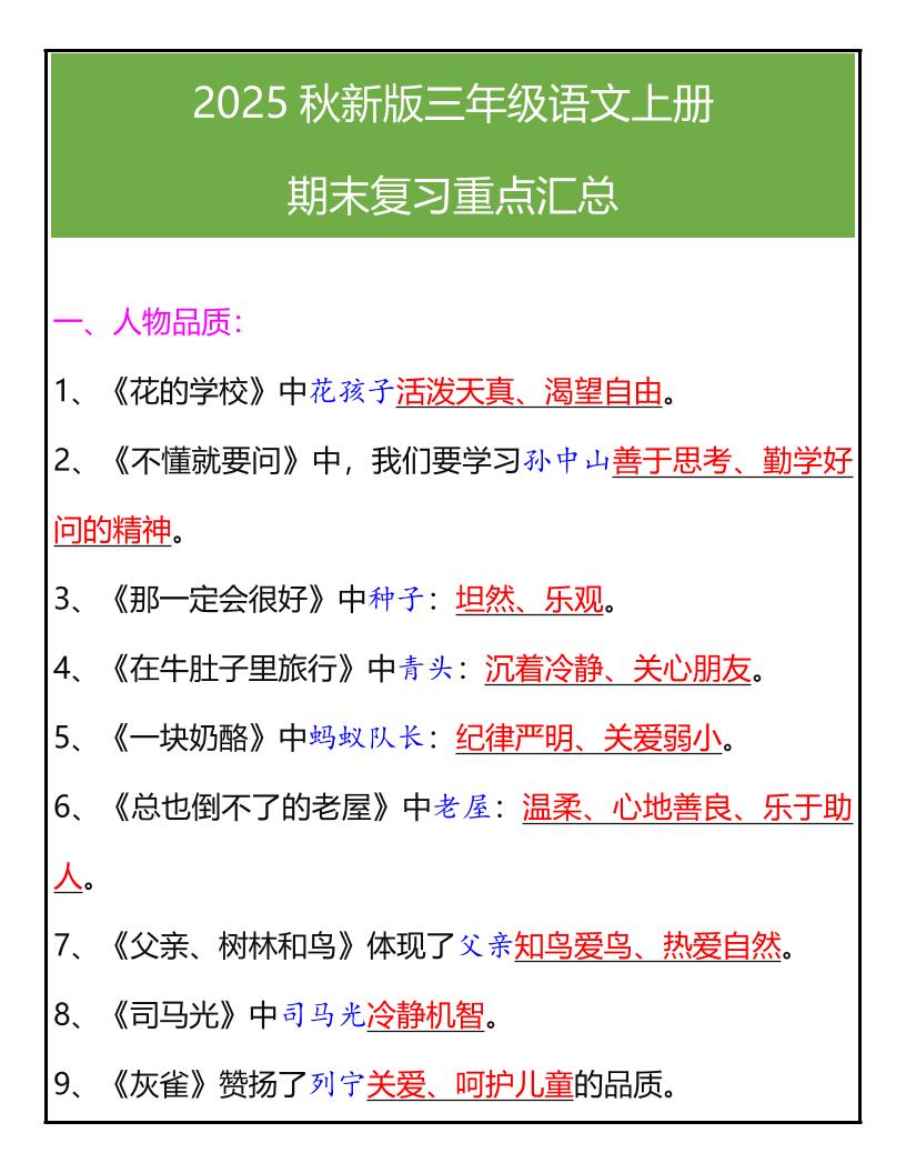 【2025秋新版】三年级语文上册期末复习重点汇总-自学网资源