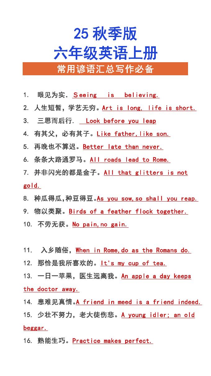 【2025秋新版】六年级上册英语常用谚语汇总写作必备-自学网资源