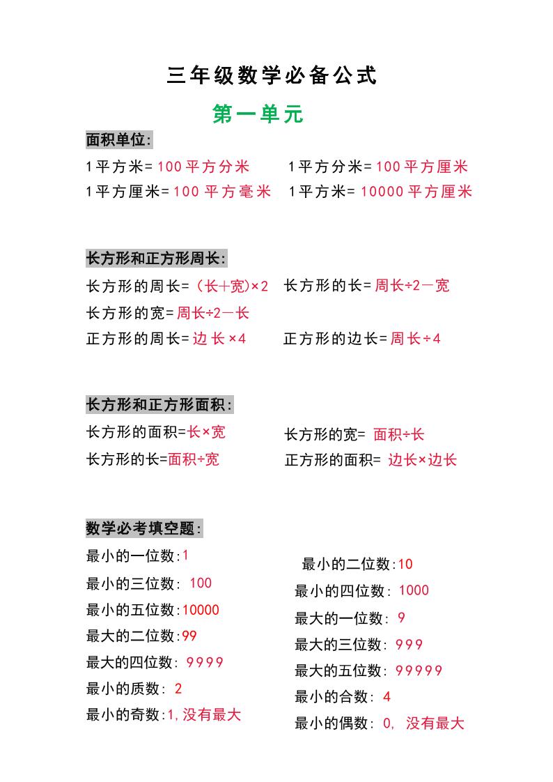 三年级数学上册必背公式-自学网资源