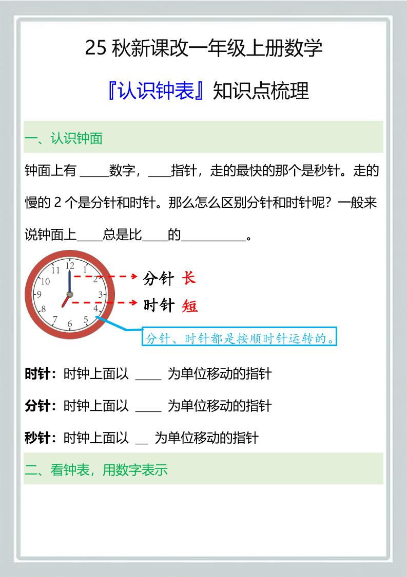 【2025秋新版】一年级上册数学『认识钟表』知识点梳理-自学网资源