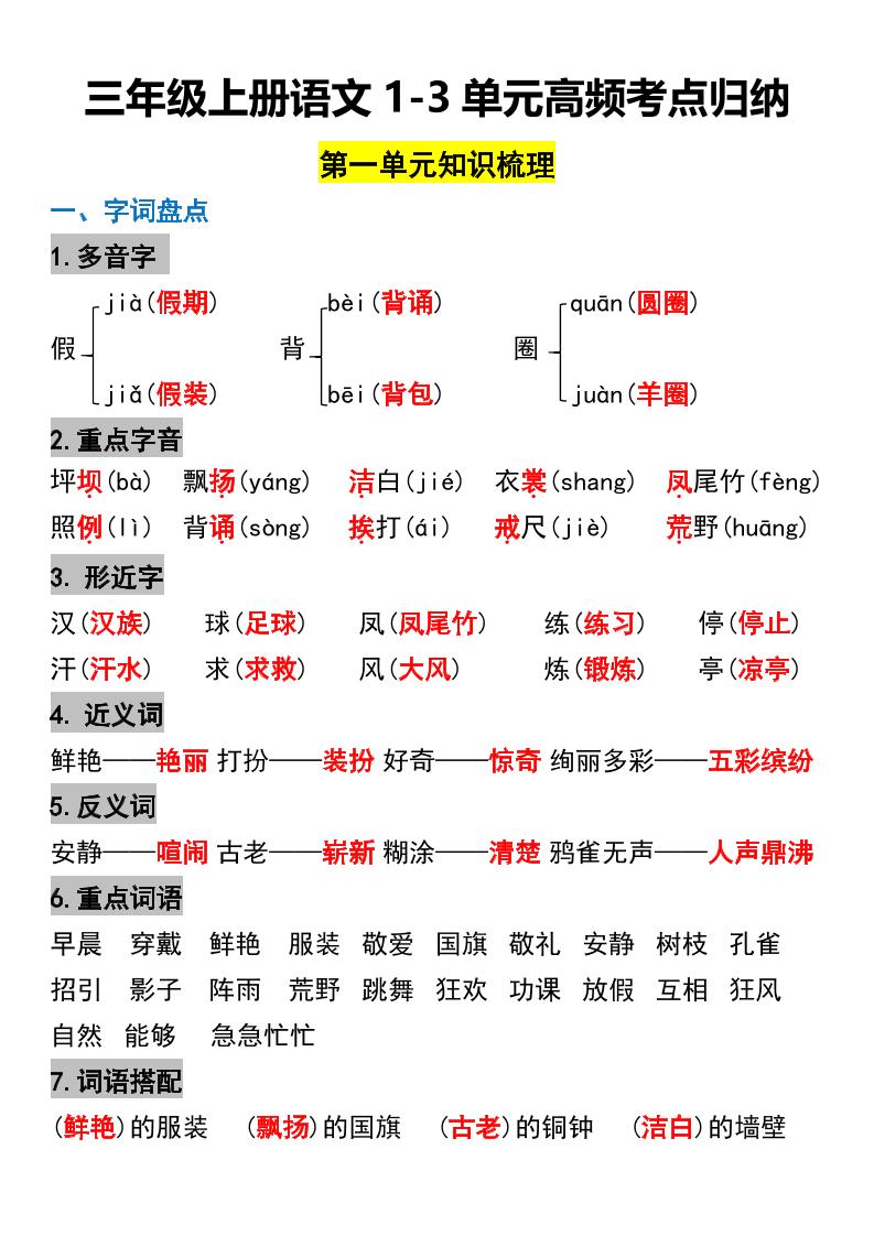 三年级上册语文1-3单元高频考点梳理-自学网资源