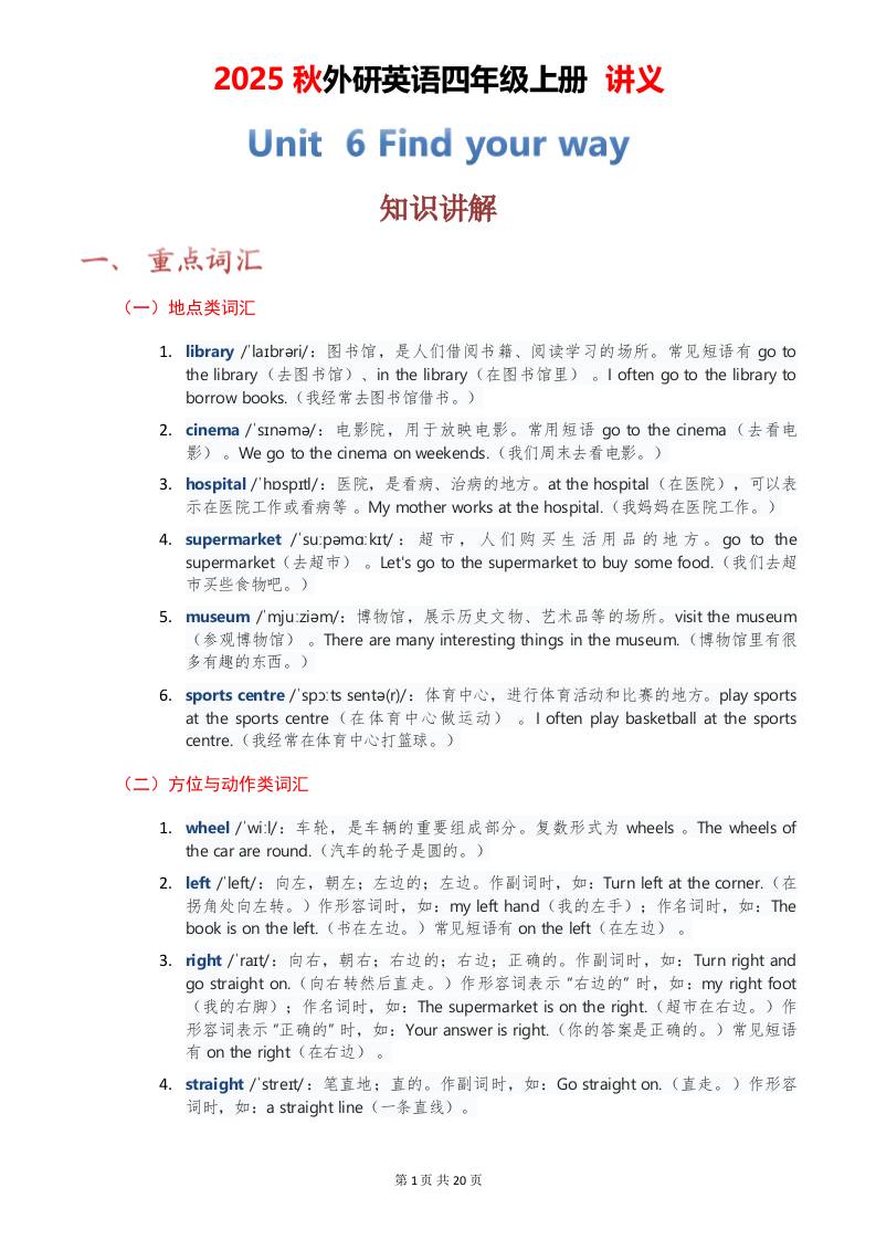 2025秋外研英语四年级上册讲义Unit06-自学网资源
