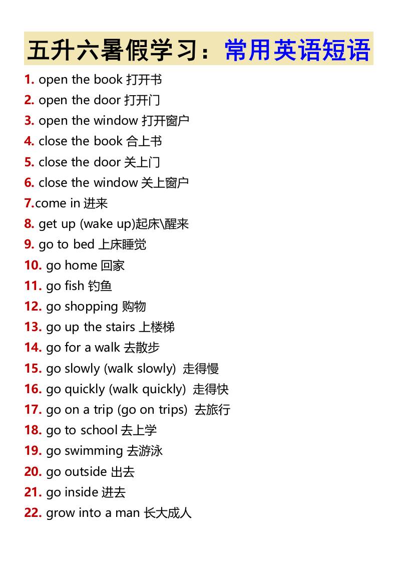 五升六暑假学习：常用英语短语-六上英语-AI网创