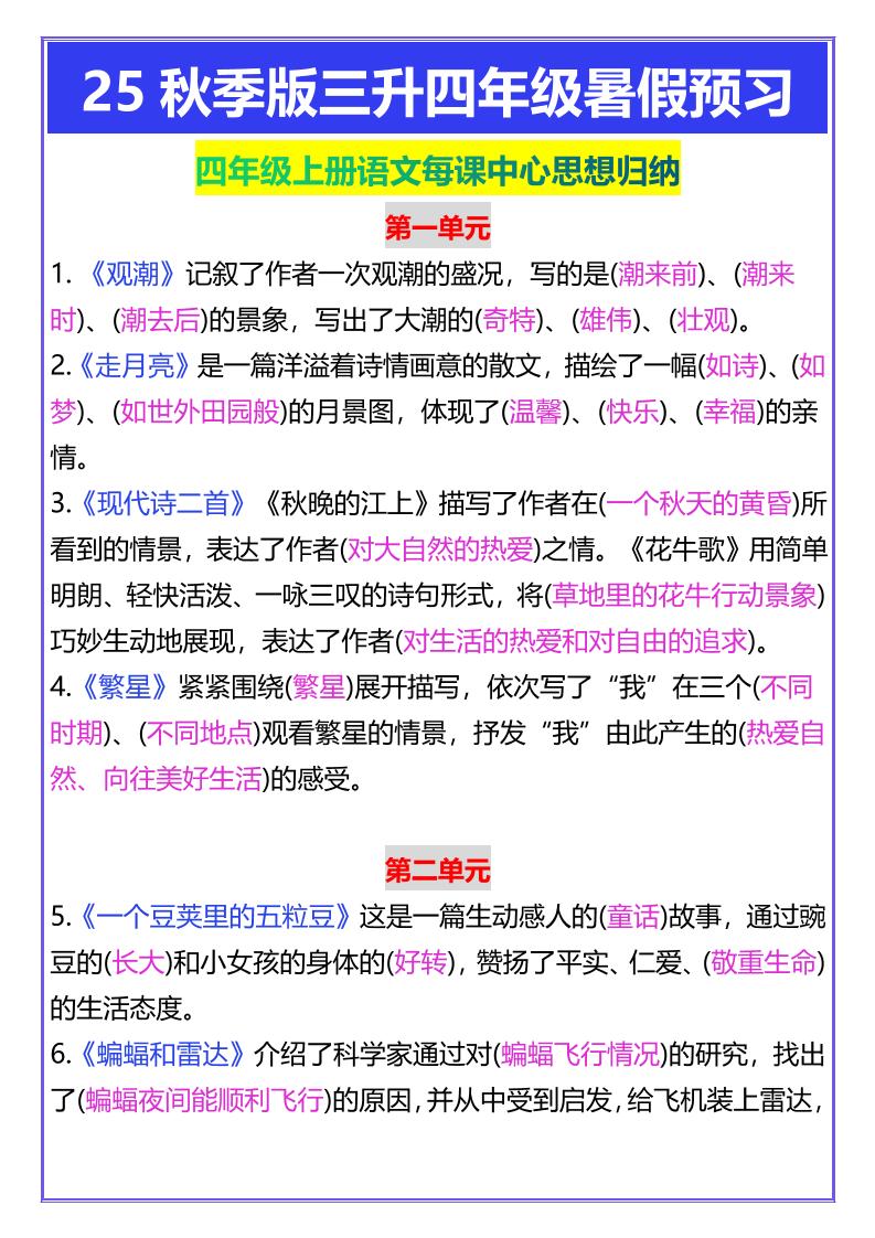 【2025秋新版】四年级上册语文每课中心思想归纳-自学网资源