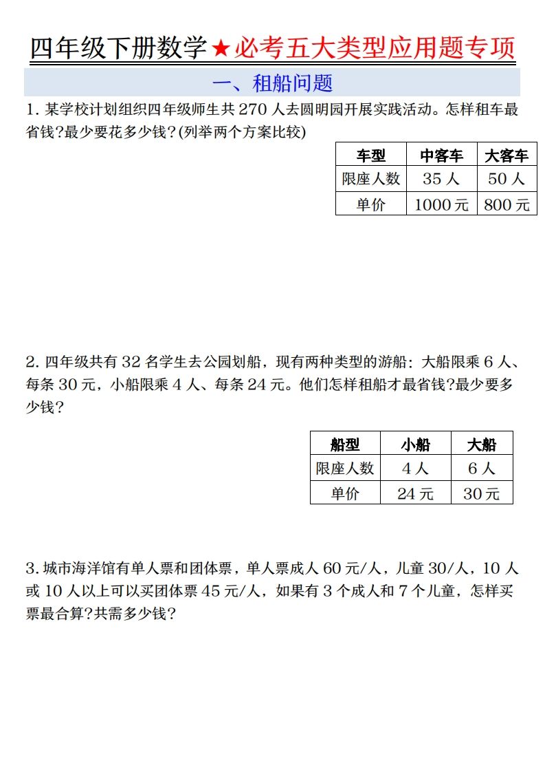 【专项】四下数学必考五大类型应用题（含答案，通用版）-自学网资源