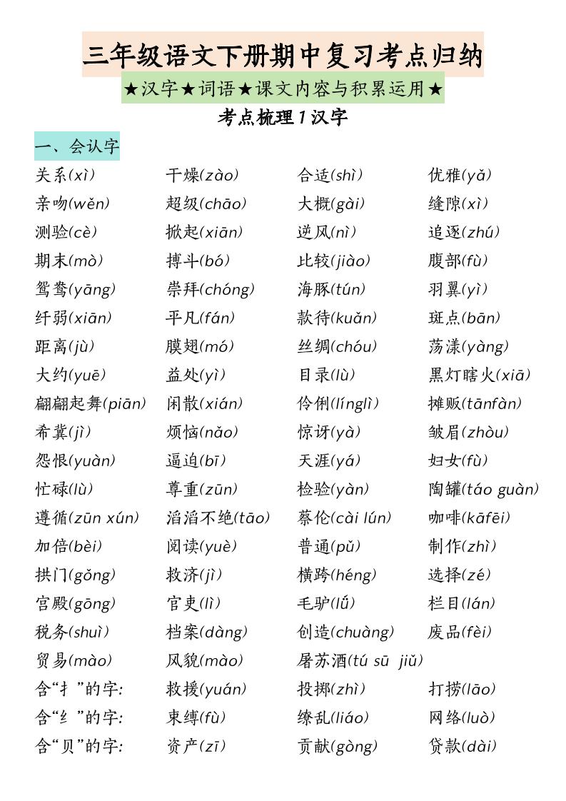 三下语文期中复习（汉字★词语★课文内容与积累运用）-自学网资源