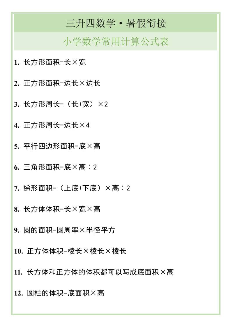 三升四暑假衔接，小学数学常用计算公式表-四上数学-AI网创